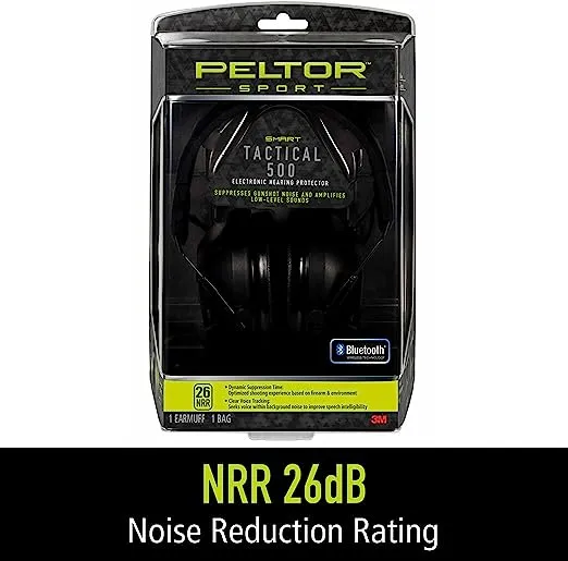 Peltor Sport Tactical 500 Smart Electronic Hearing Protector with Bluetooth Wireless Technology, NRR 26 dB, Bluetooth Headphones Ideal for the Range, Shooting and Hunting,Black