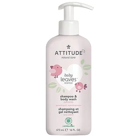 ATTITUDE 2-in-1 Shampoo and Body Wash for Baby, Fragrance-Free EWG Hypoallergenic Plant- and Mineral-Based Ingredients, Vegan and Cruelty-Free, Unscented, 16 Fl Oz 