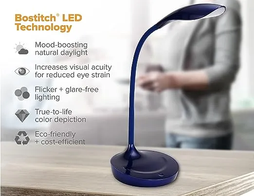 Bostitch Office LED Gooseneck Desk Lamp with USB Charging Port, 3 Dimming Levels, Touch Control, Blue (VLED1502-BLUE)