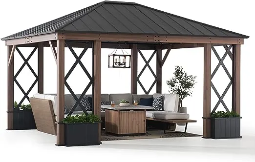 SummerCove 13 ft. x 15 ft. Black Steel Hardtop Gazebo with Planters and Ceiling Hook