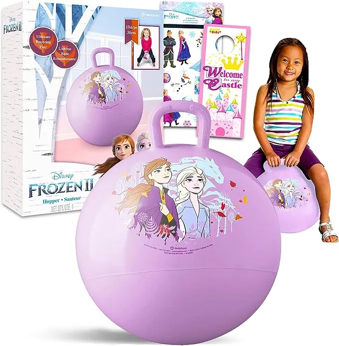 Classic Disney Frozen Hopper Ball for Kids - Bundle with 15 Inch Frozen Bouncy Ball Featuring Elsa and Anna with Handle Plus Bonus Stickers and More (Frozen Outdoor Toys)