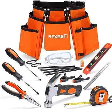 REXBETI 18pcs Young Builder's Tool Set with Real Hand Tools, Reinforced Kids Tool Belt, Waist 20"-32", Kids Learning Tool Kit for Home DIY and Woodworking