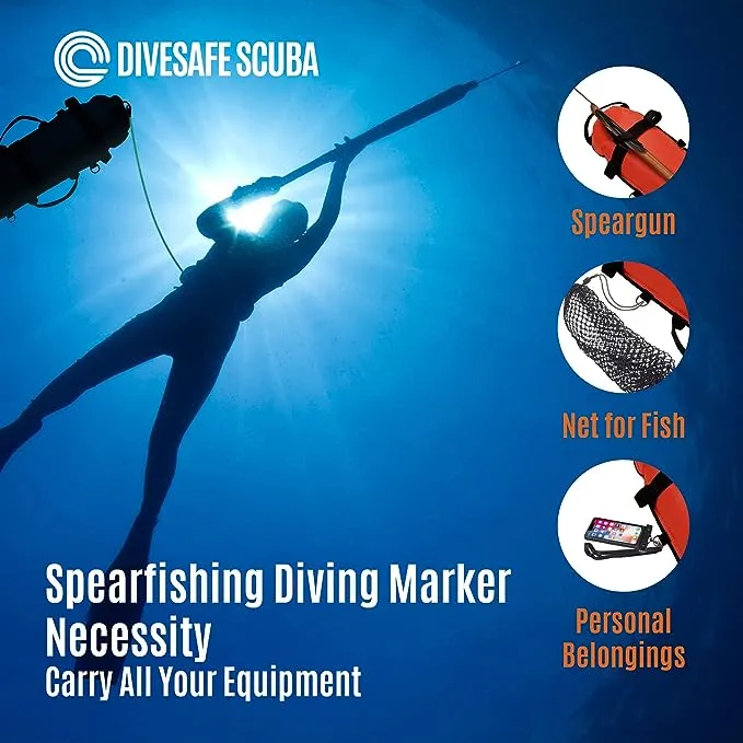 DiveSafe Torpedo Buoy Float for Scuba Diving, Spearfishing, Free Diving, Snorkeling and Swimming - Includes 11 Clips/Bands for Accessories, Dive Flag, High Visibility Reflective Band, and 100ft Line