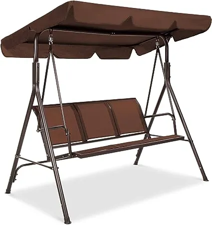 Best Choice Products 2-Seater Outdoor Adjustable Canopy Swing Glider, Patio Loveseat Bench for Deck, Porch w/Armrests, Textilene Fabric, Steel Frame - Brown