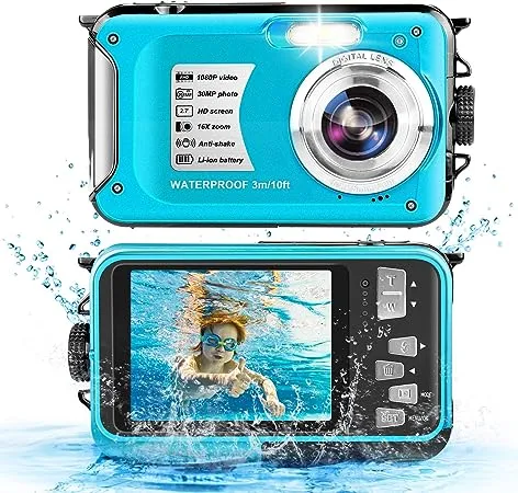 Waterproof Camera 10FT Underwater Camera 30MP 1080P FHD Video Resolution 16X Zoom Waterproof Digital Camera for Snorkeling,Vacation(Blue)