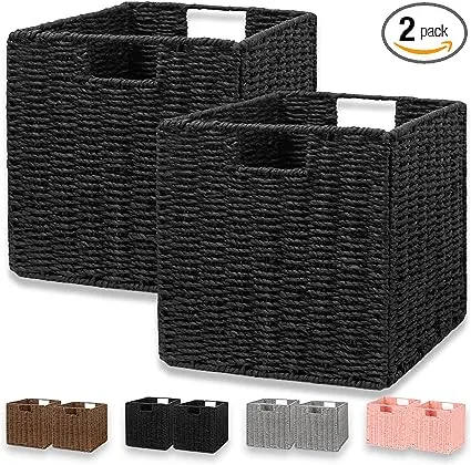 Wicker Basket, Set of 2 Hand-Woven Paper Rope Storage Baskets, Foldable Cubby St