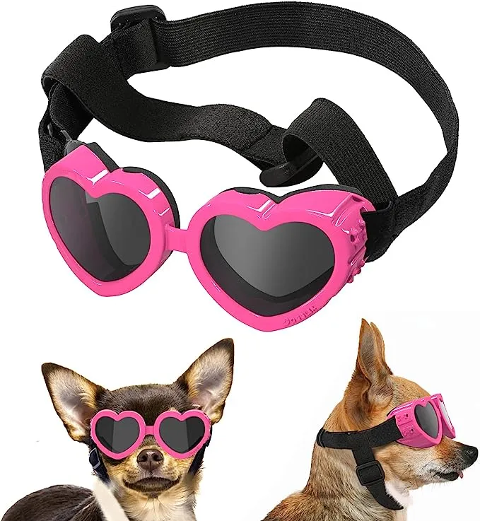 Lewondr Small Dog Sunglasses UV Protection Goggles Eye Wear Protection with Adjustable Strap Doggy Heart Shape Anti-Fog Sunglasses for Pet Dogs Sun