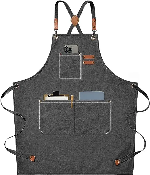 AFUN Chef Aprons for Men Women with Large Pockets, Cotton Canvas Cross Back Heavy Duty Adjustable Work Apron, Size M to XXL (Brown)