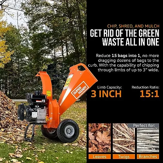 SuperHandy Mini Wood Chipper & Shredder - 7HP 212cc Gas Engine 3" Max Branch