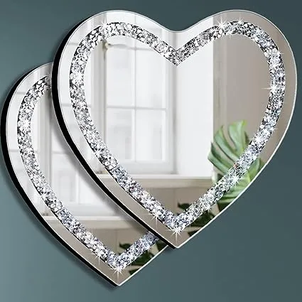 DMDFIRST Heart Shaped Silver Glass Mirror 2 Pack 12x12inch Crystal Crush Diamond Decor Chain Mirror for Wall Decoration