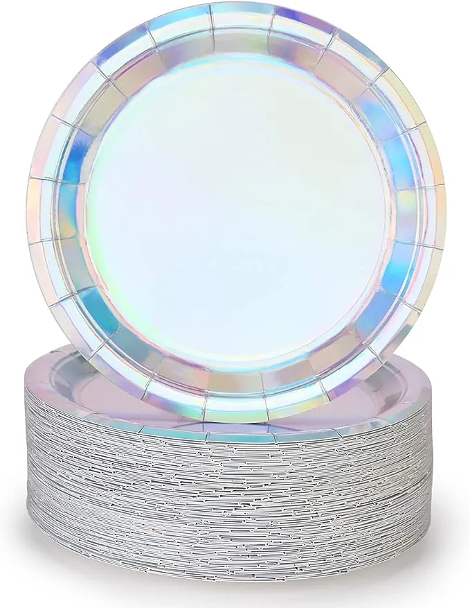 Iridescent Paper Plates 9 Inches [50 pack] Round Disposable Dinner Paper Plates for Cakes Salad Pizza Holographic Rainbow Silver Decorations Party Supplies for Events Wedding Anniversary Christmas