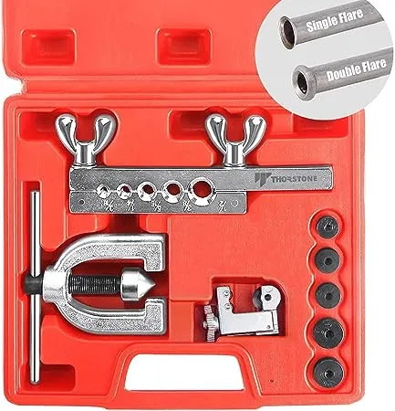 Thorstone Double & Single Flaring Tool Kit for Brake Line and Brass Tubing Tool with Extra Adapters, 45 Degrees, Red