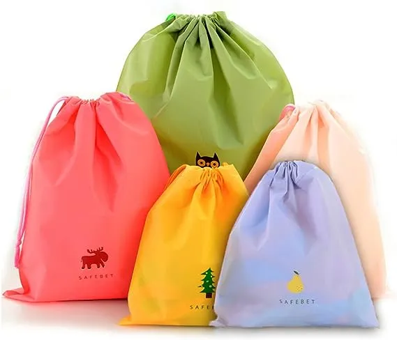 BINGONE Set of 5 Waterproof Drawstring Bag PE Plastic Folding Sport Home Travel