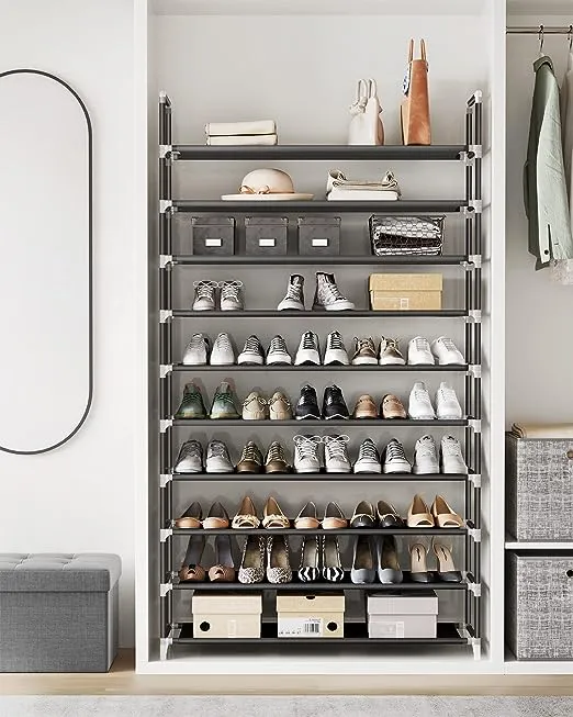 SONGMICS 10-Tier Shoe Rack, Shoe Storage for Hallway Closet, Slim and Space-Saving, Metal Frame, Non-Woven Fabric Shelves, Black ULSH11H