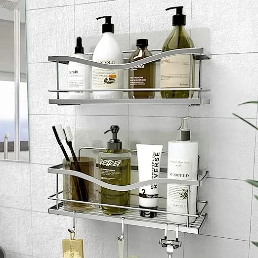 KINCMAX Shower Shelves 2-Pack - Self Adhesive Caddy with 4 Hooks - No Drill Large Capacity Stainless Steel Wall Shelf - Aesthetic Organizer for Inside Bathroom - Matte Black