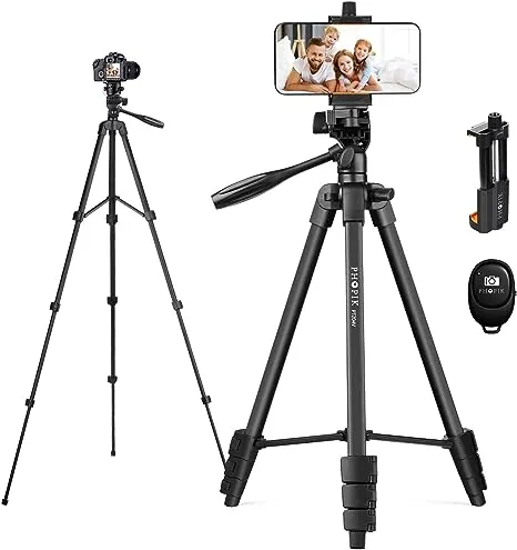 PHOPIK Lightweight Phone Tripod 55Inches, Video Tripod with 360 Panorama and 1/4” Mounting Screw for Mirrorless/Gopro/DSLR Camera, Phone Holder for Smartphone, Max Load 6.6 Lbs, Carry Bag Inclued