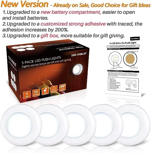 STAR-SPANGLED Tap Light Push Lights Mini Night Touch Light LED Puck Lights Portable Under Cabinet Lighting Battery Operated Powered DIY Stick On Lights Closet Counter Kitchen Cool White 5Pack
