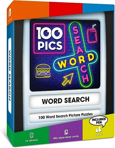 100 PICS Word Search Game - Pocket Puzzle With Picture Clues, Wipe Clean Cards Pen, For Kids And Adults