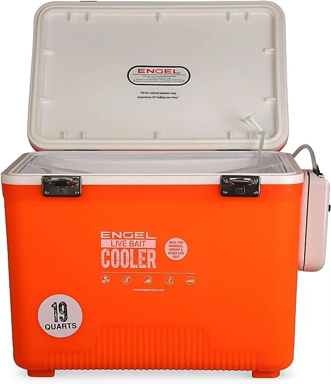 Engel Live Bait Cooler Box with 2nd Gen 2-Speed Portable Aerator Pump. Fishing Bait Station and Minnow Bucket for Shrimp, Minnows, and Other Live Bait