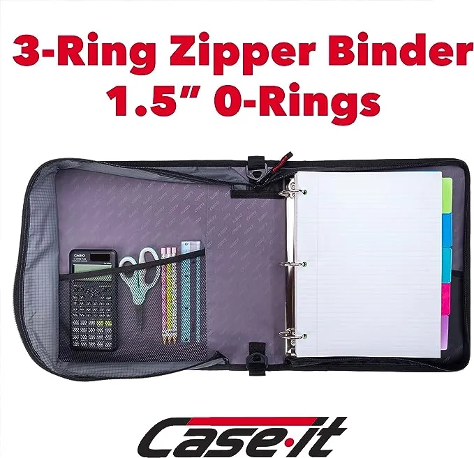 Case-it The Universal 2.0 Zipper Binder -1.5 Inch O-Ring - Removable Padded Pocket Holds Up to 13" Laptop/Tablet - Multiple Pockets - 325 Page Capacity - Comes with Shoulder Strap - Jet Black LT-207