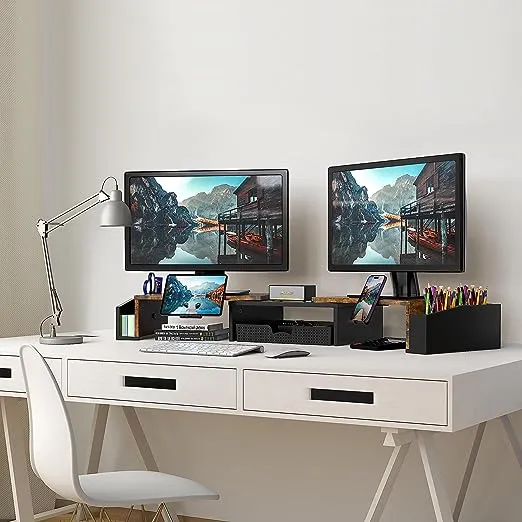 Simple Houseware Desk Dual Monitor Stand Riser with Drawer, Rustic Brown