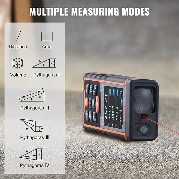 VEVOR Laser Measure, Laser Measurement Tool, Laser Distance Meter with Electronic Angle, M/Ft//in Unit Switching, Measure Distance/Area/Volume, Pythagorean Mode, 229/328/400Ft