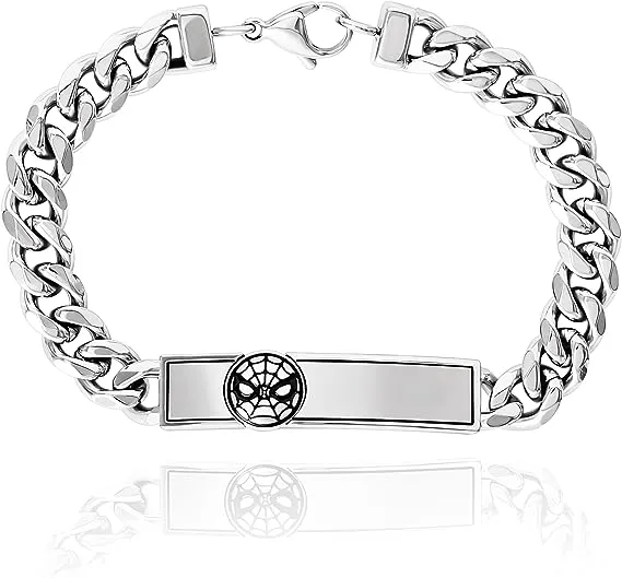 Marvel Spider-Man Mens Bracelet 8" - Stainless Steel Curb Link Bracelet with Spiderman ID Plate Jewelry