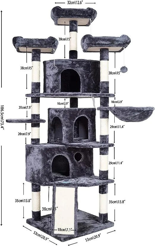 Hey-brother XL Size Cat Tree 73.4 inch Cat Tower with 3 Caves 3 Cozy Perches Scratching Posts Board Activity Center Stable for K