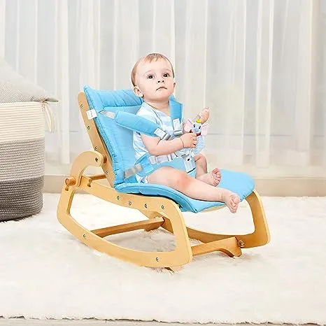 MallBest 3-in-1 Baby Bouncer Adjustable Wooden Rocker Chair Recliner with Removable Cushion and Seat Belt for Infant to Toddler (Blue)