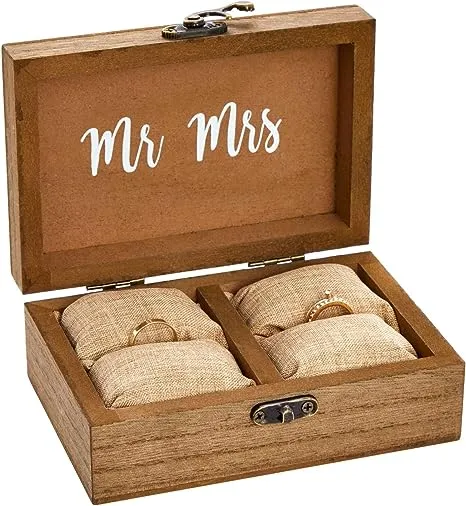 Juvale Wooden Two Become One Wedding Ring Box with Burlap Pillow Lining, Hinge Clasp Closure Wedding Ring Holder for Ceremony, Anniversaries, and Marriage Renewal (6x4x2 in)