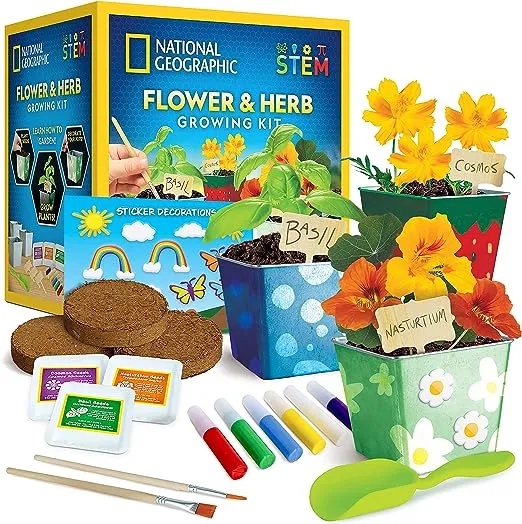 NATIONAL GEOGRAPHIC Flower & Herb Gardening Kit with 3 Stainless Steel Pots, Paint & Stickers, Arts and Crafts Gift, Kids Plant Growing Set