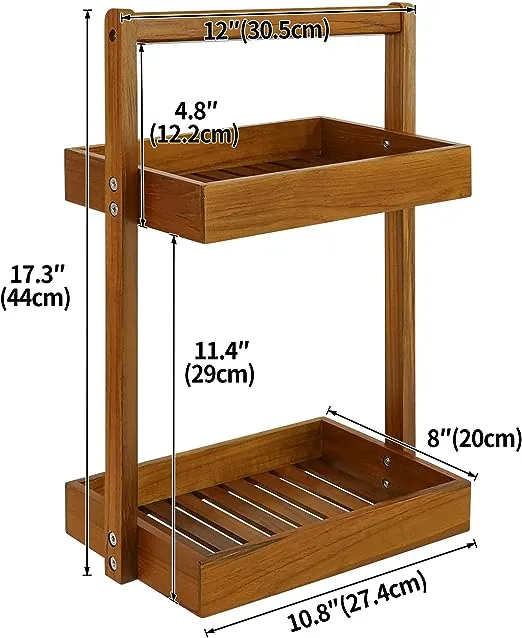 Teak Wood Shower Caddy Corner, 2 Tier Bathroom Organizer Countertop, Standing...