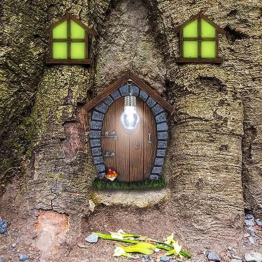 Juegoal Fairy Gnome Home Miniature Window and Door with Litter lamp for Trees Decoration, Glow in Dark Fairies Sleeping Door and Windows, Yard Art Garden Sculpture, Lawn Ornament Decor