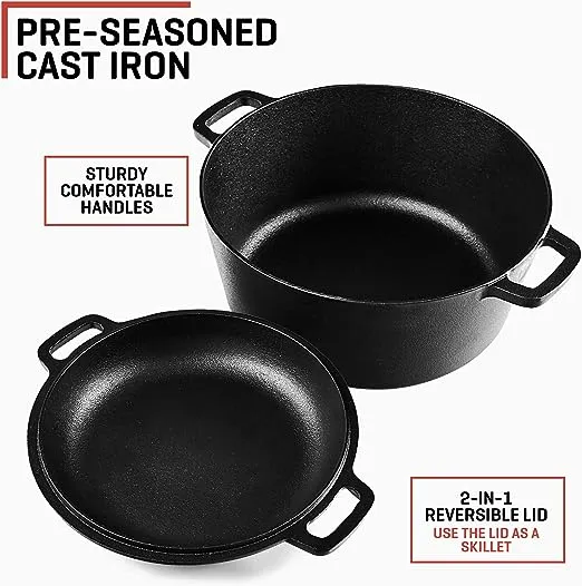 Uno Casa 2in1 Cast Iron Dutch Oven Large - 5 Quart Dutch Oven Pot with Lid, Pre-Seasoned Dutch Oven for Bread Baking, Heavy Duty Cast Iron Pot with Frying Pan