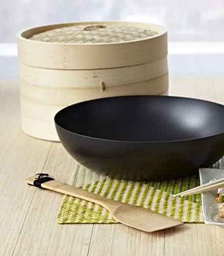 IMUSA USA 9.5" Traditional Carbon Steel Nonstick Coated Wok with Bakelite Handle