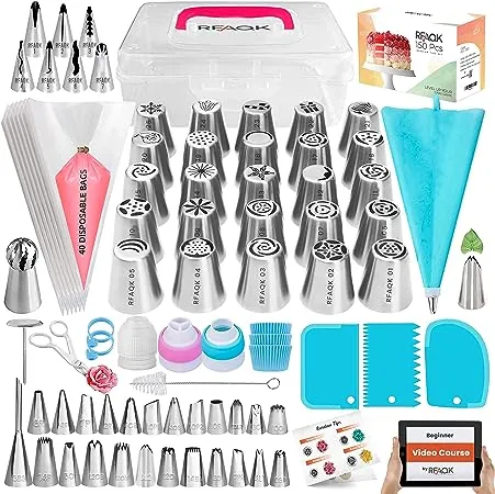 150PCs Russian Piping Tips for Cake Decorating - Piping Bags and Tips Set include 25 Extra Large Russian Tips,31 Icing Tips, 41 Pastry Bags & Other Frosting Tools for Cookie, Cupcake & Cake Decoration