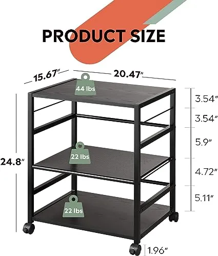 Black Mobile 3-Shelf Printer Stand with Adjustable Shelves | DEVAISE