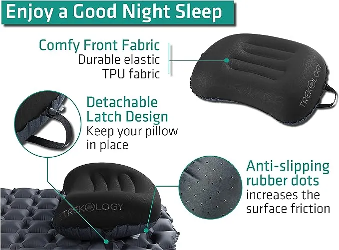 TREKOLOGY Ultralight Inflatable Camping Travel Pillow - ALUFT 2.0 Compressible, Compact, Comfortable, Ergonomic Inflating Pillows for Neck & Lumbar Support While Camp, Hiking, Backpacking