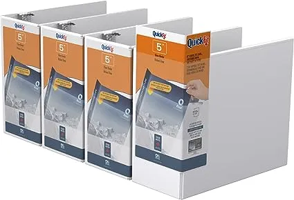 QuickFit View Binder, 3-Ring Binder, Angle D Ring, 5 Inch, White, Pack of 4,87070-04