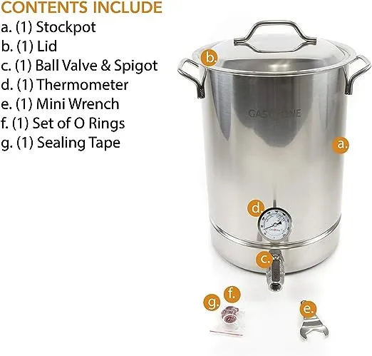 GasOne BS-64 Stainless Steel Kettle Pot Pre Drilled 4 PC Set Quart Tri Ply Bottom for Beer Includes Lid Ball Valve, Thermometer, Spigot-Home Brewing Supplies, 64 QT/16 GALLON