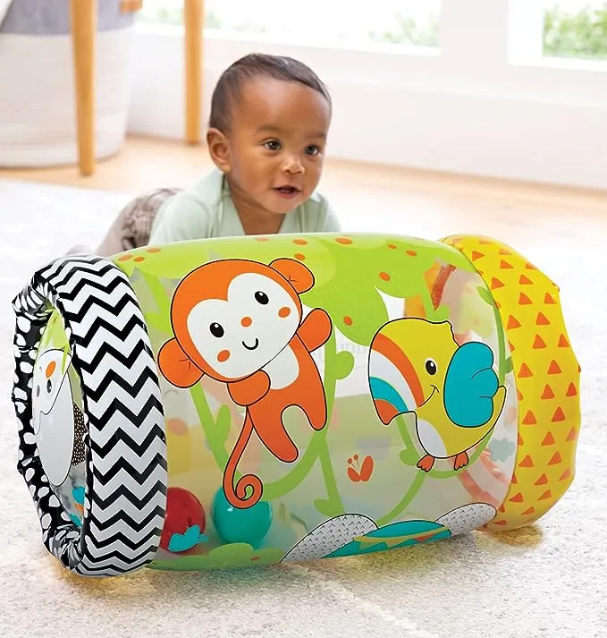 Infantino Jungle Peek & Roll - Encourages Crawling, Inflatable Activity Toy with Bouncing Balls Inside, Fun & Friendly Animal Characters, Helps Gross Motor Skill Development, for Babies 6M+