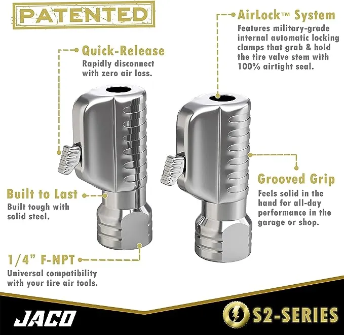 JACO Lightning S2-Series Tire Air Chuck - 1/4" F-NPT | Open Flow (2 Pack)