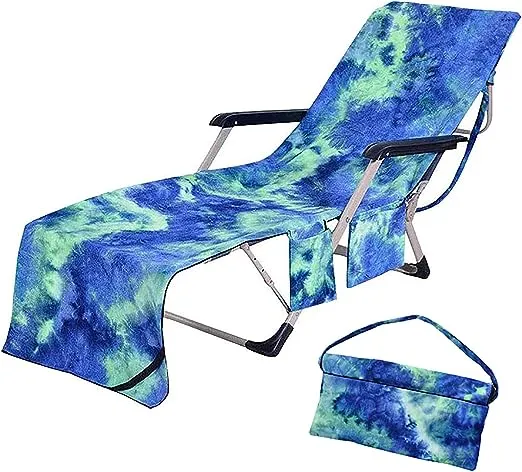 Beach Chair Cover with Side Pockets Pool Towel Chaise Lounge Cover Microfiber Tie Dye Beach Towel for Holidays, Sunbathing (Blue)