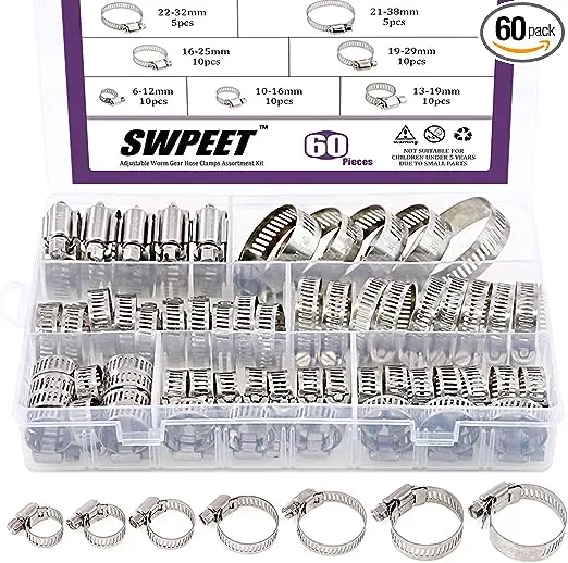 Swpeet 60Pcs Assorted Sizes Hose Clamps Kit, 304 Stainless Steel Adjustable 6-38mm Range Worm Gear Hose Clamp Perfect for Plumbing, Automotive And Mechanical Applications