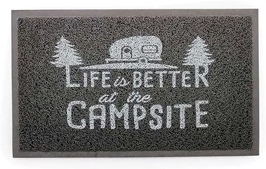 Camco Life is Better at the Campsite Scrub Mat - 26.5" by 15" - Non-Slip Backing - Gray/White - 53200