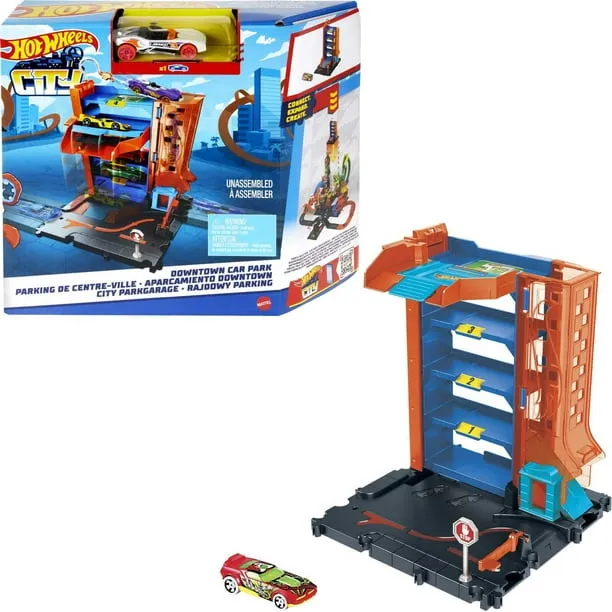 Hot Wheels City Toy Car Track Set Downtown Car Park Playset with 1:64 Scale Vehicle, 4 Levels, Working Lift & Exit Chute