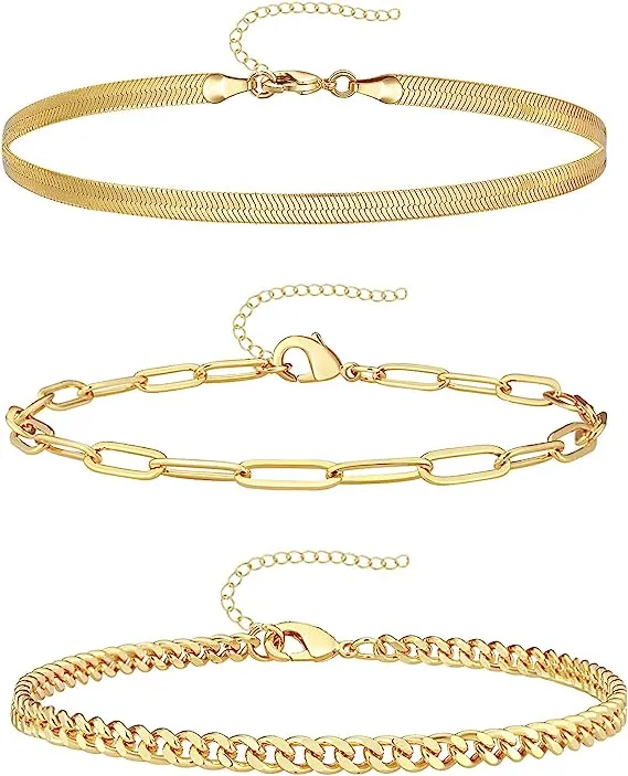 Reoxvo Dainty Gold Chain Bracelets Set for Women 14K Real Gold Plated Link Chain Bracelets for Women Trendy Gold Stackable Bracelets for Jewelry Gifts Women Adjustable 7"+2"