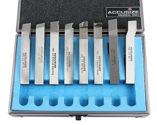 Accusize Industrial Tools 1/2'' 8 Pcs Hss Tool Bit Set, Pre-Ground for Turning and Facing Work, 2662-2004