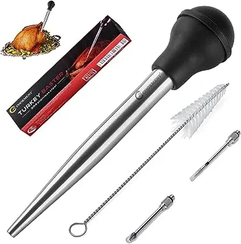 JY COOKMENT Stainless Steel Turkey Baster Baster Syringe for Cooking Meat Injector Set with 2 Marinade Needles 1 Cleaning Brush for Home Baking