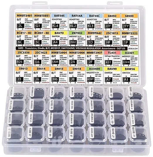 SMD SOT-23 Electronic Components Assortment, Transistors, BJT, MOSFET, Diodes, Schottky, Switching, Voltage Regulator, 28 Types, 1400 pcs